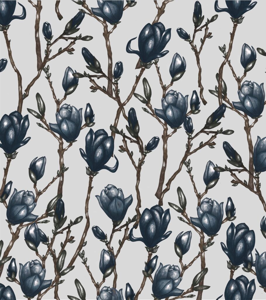 Diseño acuarela de magnolias azules, flores pintadas en acuarela. Fondo hueso oscuro