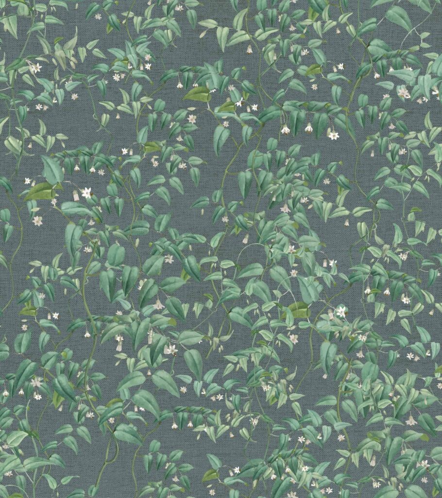 Diseño con hojas verdes tipo enredadera tupida, flores blancas pequeñas tipo jazmín. Fondo gris texturado.